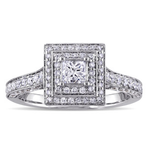 Sparkling Love: Yaffie Double Halo Engagement Ring in White Gold by The Signature Collection - 1.25ct TDW Princess and Round Diamonds