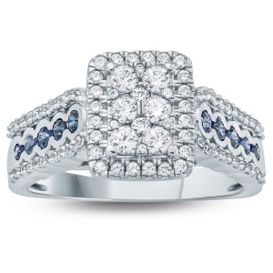 Cluster Engagement Ring: Yaffie Blue Sapphire & Diamond Charm in White Gold (1ct)