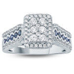 1-Carat Blue Sapphire and White Diamond Cluster Engagement Ring by Yaffie in White Gold.