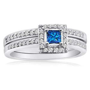 Blue and White Diamond Halo Bridal Ring Set with Yaffie Gold and 1/2ct TDW