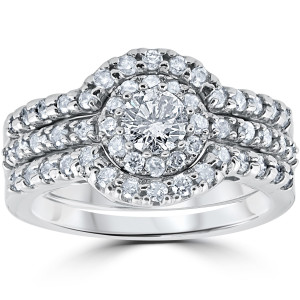 White Gold Trio Diamond Wedding Set with Halo Engagement Guard, featuring 1 1/10Ct Round Cut Diamonds by Yaffie.
