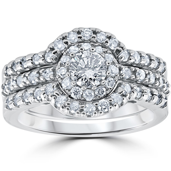 White Gold Trio Halo Engagement and Wedding Ring Set Featuring 1.1Ct Round Cut Diamond by Yaffie