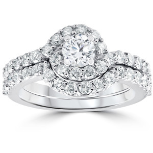 White Gold Diamond Engagement Ring Set with Halo and Elegant Curved Design (1.5 ct TDW) by Yaffie