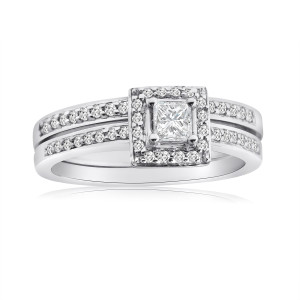 Sparkling Yaffie Bridal Set with Princess-Cut Diamond Halo in White Gold, 1/2ct TDW