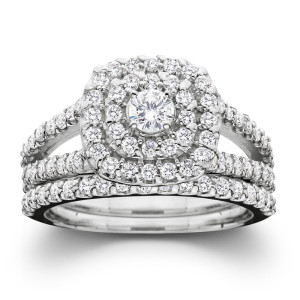 Sparkling Yaffie Wedding Ring Set with 1ct TDW White Gold Diamond Halo