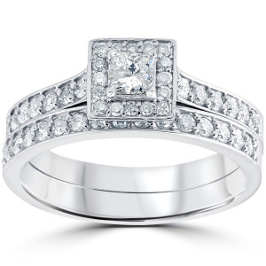 Whimsical White Gold Wedding Ring Set with Princess Cut Diamond Sparkle - 3/4 cttw