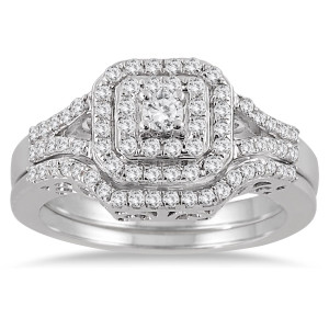 Sparkling Yaffie Diamond Bridal Ring Set with Halo in White Gold, 3/5ct TDW