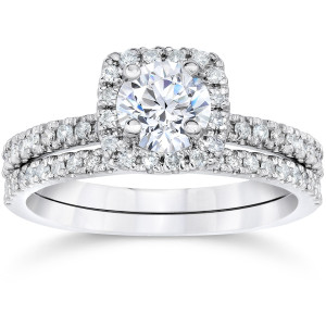 Say I Do" with Yaffie White Gold Halo Wedding Ring Set - Featuring a Stunning 5/8ct Cushion Cut Diamond!"