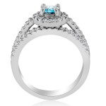 Yaffie Blue Diamond Halo Ring & Wedding Band Set in 7/8ct White Gold