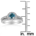 Blue Diamond Halo Wedding Set with 7/8ct White Gold Engagement Ring and Matching Band by Yaffie