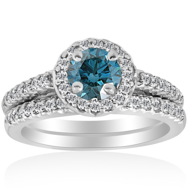 Blue Diamond Halo Wedding Set with 7/8ct White Gold Engagement Ring and Matching Band by Yaffie