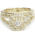 Golden Yaffie Halo Cushion Diamond Engagement Ring, 1 1/10 ct TDW Set