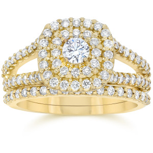 Golden Yaffie Halo Cushion Diamond Engagement Ring, 1 1/10 ct TDW Set