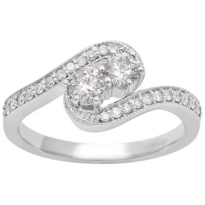 White Gold Yaffie Ring with Two Diamond Plus Milgrain Prong Pave, 1/2ct