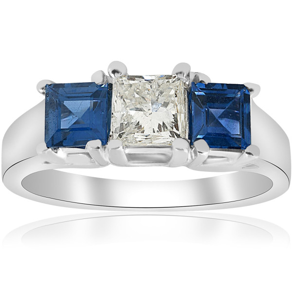 Blue Sapphire and Princess Cut Diamond Ring with 1 1/2ct White Gold Trio