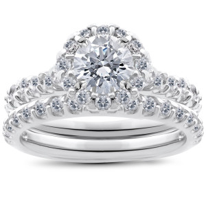 White Gold Halo Diamond Engagement & Wedding Set - 1 1/2 ct TDW by Yaffie