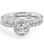 White Gold Halo Diamond Ring Set - Perfect for Your Engagement and Wedding, by Yaffie @ 1cttw