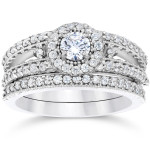 Vintage Halo Diamond Engagement and Wedding Ring Set with 1ct TDW in Yaffie White Gold.