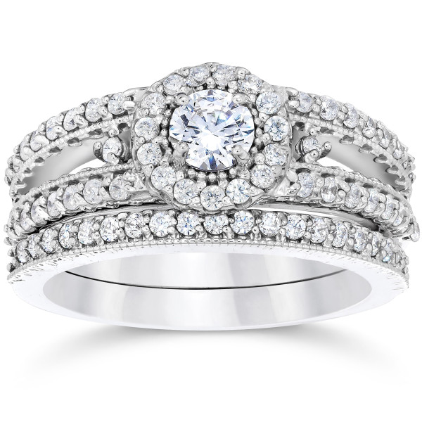 Vintage Halo Diamond Engagement and Wedding Ring Set with 1ct TDW in Yaffie White Gold.
