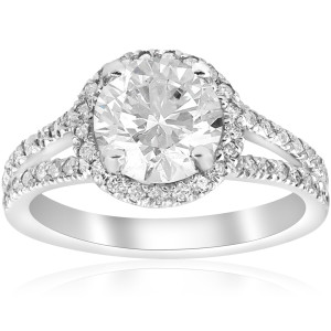 White Gold Engagement Ring with 2.5 ct TDW of Dazzling Clarity Enhanced Diamonds in a Halo Split Shank Design by Yaffie.