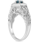 Vintage Halo Antique Filigree Engagement Ring with Blue & White Diamonds - Yaffie White Gold 3/4 ct TDW