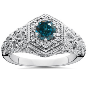 White Gold 3/4 ct TDW Blue & White Diamond Vintage Halo Antique Filigree Engagement Ring - Custom Made By Yaffie™