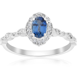 Vintage Halo Engagement Ring with Blue Sapphire & Diamonds in White Gold