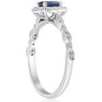 Vintage Halo Engagement Ring with Blue Sapphire & Diamonds in White Gold