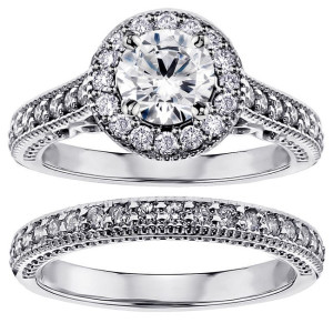 Yaffie White Diamond Bridal Set with Halo in 14k White Gold and 1 3/4ct TDW