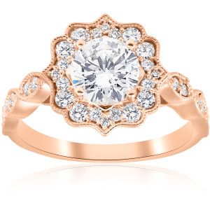Sparkling Yaffie Vintage Halo Engagement Ring with 1 3/8 ct TDW Clarity Enhanced Diamonds in Rose Gold
