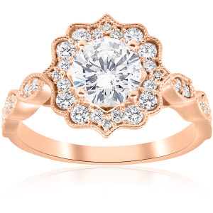 Vintage Halo Engagement Ring with Yaffie Clarity-Enhanced 1 3/8 ct TDW Diamonds in Romantic Rose Gold