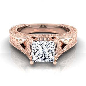 Yaffie Rose Gold IGI Certified Antique-Inspired Diamond Engagement Ring with Milgrain and Engraving Details, featuring 1ct TDW Princess-Cut Diamond