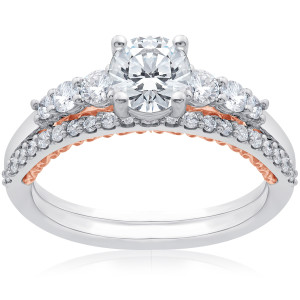White & Rose Gold 1 1/10 ct TDW Lab Grown DiamondEco Friendly Engagement Ring & Matching Wedding Band - Custom Made By Yaffie™