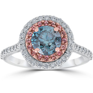 Yaffie Enchanting Double Halo Engagement Ring - White & Rose Gold with Blue & White Diamonds and Pink Topaz
