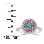 Sparkling Yaffie White & Rose Gold Blue Diamond Engagement Ring with Pink Topaz Halo