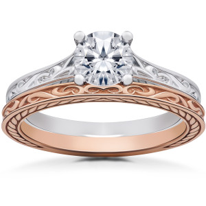 Vintage Scroll Solitaire Engagement Ring & Matching Wedding Band - Yaffie White & Rose Gold, 1 ct Lab Grown