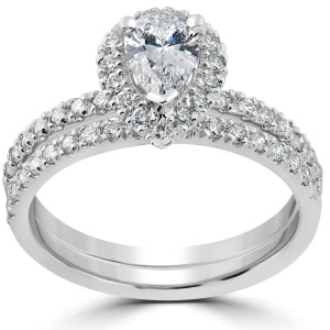 Sparkling with Love: Yaffie White Gold Pear Shape Halo Diamond Ring Set