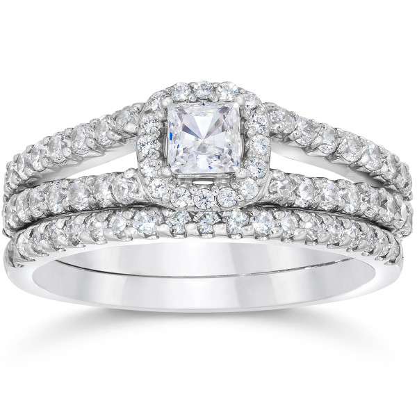 Sparkling Yaffie Princess Cut Diamond Halo Engagement and Wedding Ring Set in White Gold, 1 1/10ct TDW