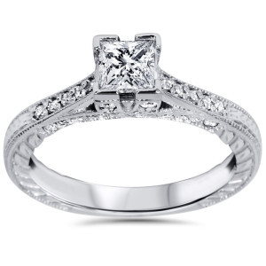 Sparkling Princess-cut Diamond Vintage Engagement Ring in Yaffie White Gold - 1 1/10ct TDW
