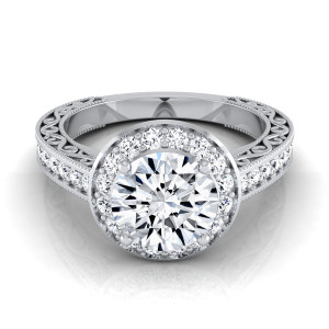 White Gold Halo Diamond Engagement Ring with IGI-certified 1 1/2ct TDW and Elegant Scroll Shank