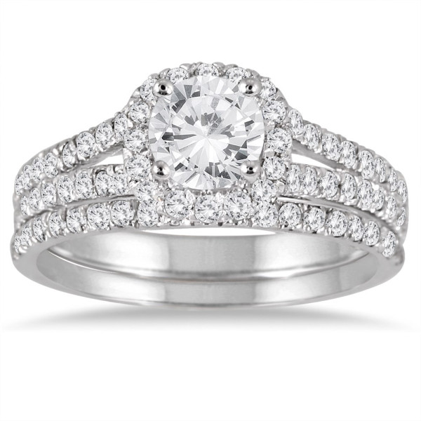 1.5ct TDW Round Diamond Halo Bridal Set in Yaffie White Gold