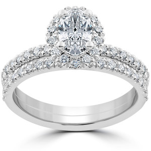 White Gold Oval Diamond Wedding Set with Halo Design