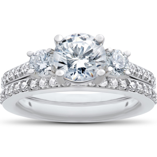Eco-Friendly Lab Grown Diamond Engagement Ring Set - Yaffie White Gold 1.25 ct Round Three-Stone Design with Matching Wedding Band