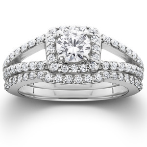 White Gold Yaffie Ring Set with Split Shank and Halo Diamonds totaling 1 1/5ct for Weddings and Engagements