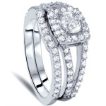 White Gold Yaffie Ring Set with Split Shank and Halo Diamonds totaling 1 1/5ct for Weddings and Engagements