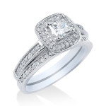 Radiant White Gold Bridal Set with 1 1/6ct TDW Halo Diamonds by Yaffie