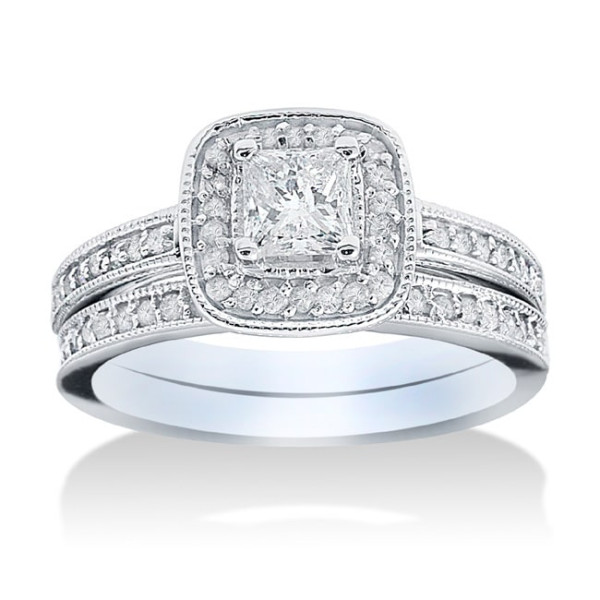 Radiant White Gold Bridal Set with 1 1/6ct TDW Halo Diamonds by Yaffie