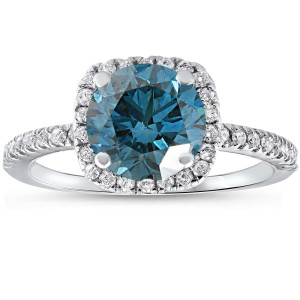 Blue Diamond Cushion Halo Engagement Ring: Yaffie White Gold with Stunning Accents