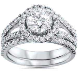 Yaffie Bridal Set: Split Shank Halo with 1 3/4 ct TDW White Diamond in White Gold