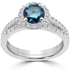 White Gold Blue & White Diamond Engagement Ring & Wedding Band Set with 1.375 ct Total Diamond Weight by Yaffie